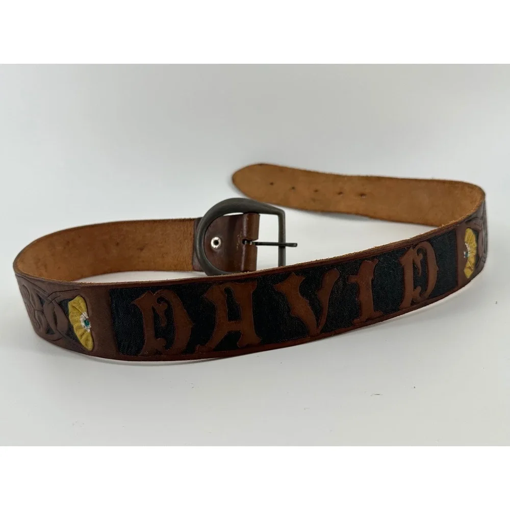 Vintage Hand Tooled Leather Belt David Name Personalized Western Floral Brown